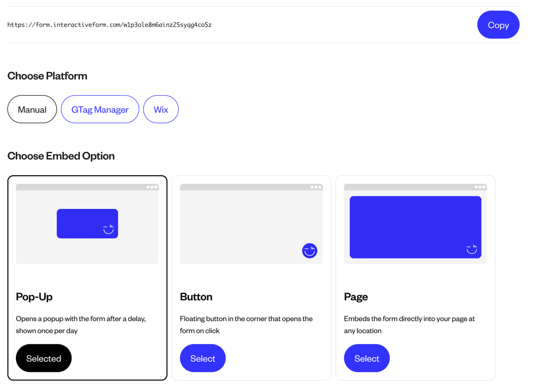 Window showing the embed code for the quiz