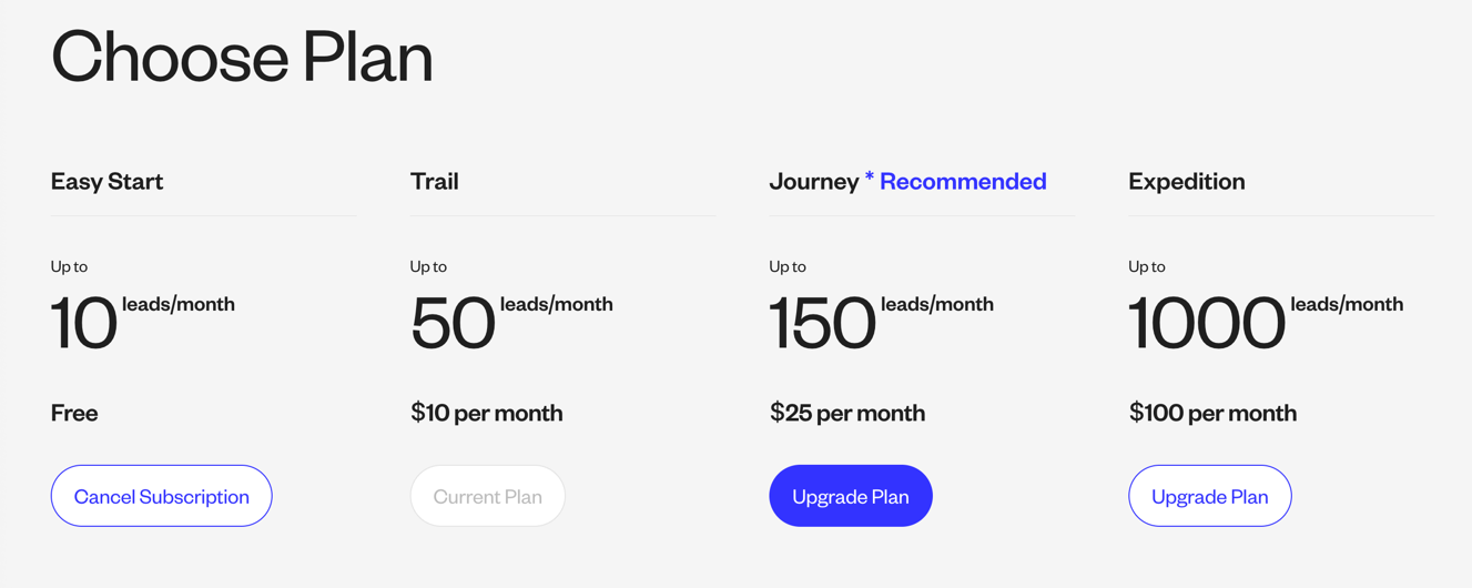 Pricing plan selection page
